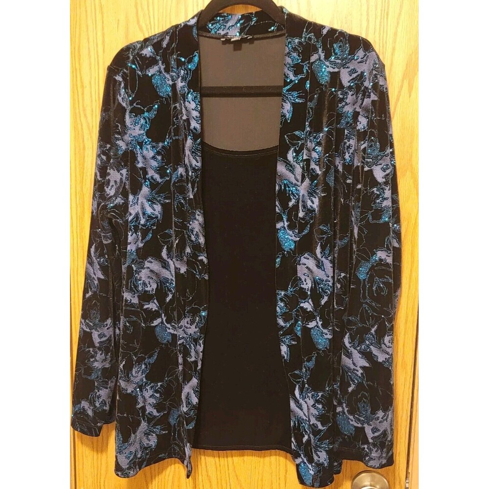 Notations Floral Black W/Turquoise Glitter Long Sleeve Shirt,Size 3XL